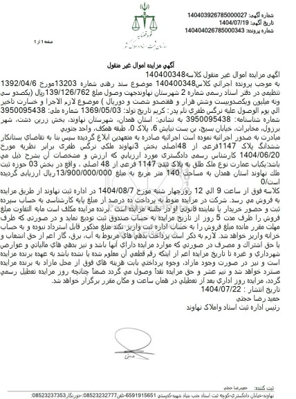 مزایده  ششدانگ پلاک 1147 فرعی از 48 اصلی