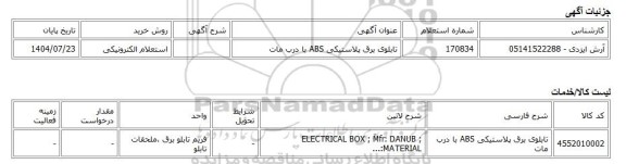 استعلام الکترونیکی، تابلوی برق پلاستیکی ABS با درب مات