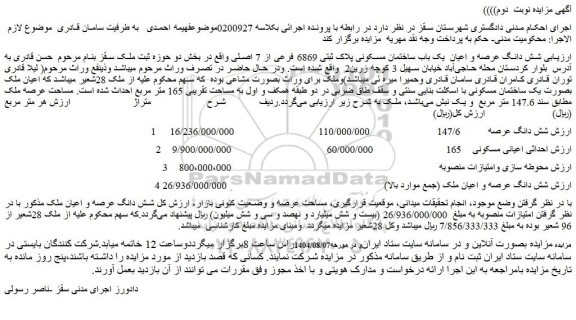 مزایده شش دانگ عرصه و اعیان  یک باب ساختمان مسکونی پلاک ثبتی 6869 فرعی از 7 اصلی