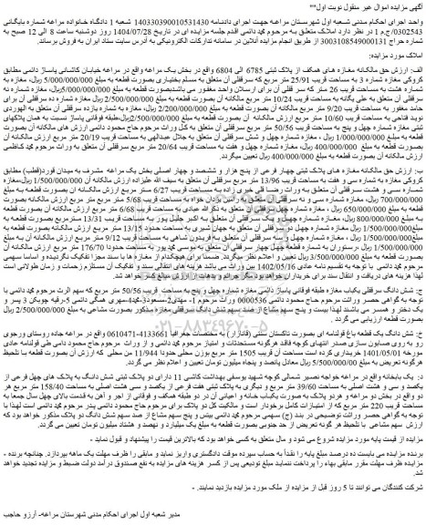 مزایده مغازه های پلاک ثبتی چهار فرعی از پنج هزار و ششصد و چهار اصلی