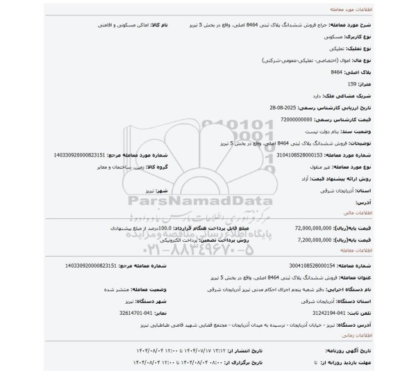 مزایده، فروش ششدانگ پلاک ثبتی 8464 اصلی، واقع در بخش 5 تبریز