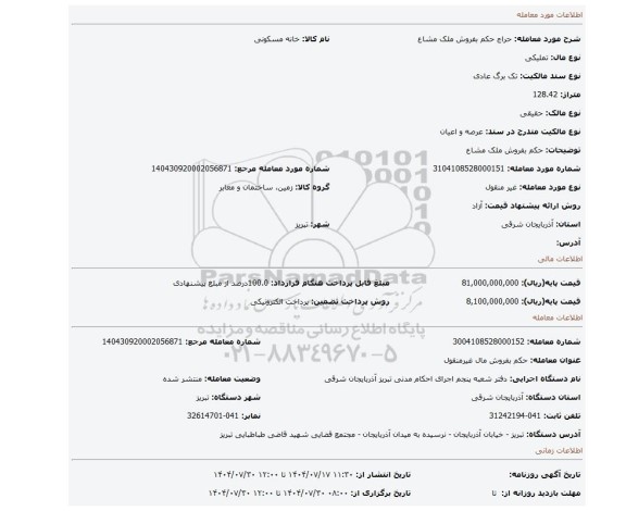 مزایده، حکم بفروش ملک مشاع