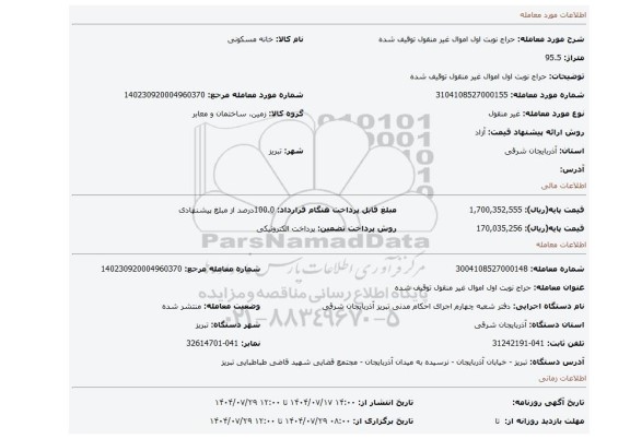 مزایده، حراج نوبت اول اموال غیر منقول توقیف شده