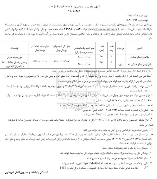 تجدید مزایده بهسازی و بهره برداری تبلیغاتی