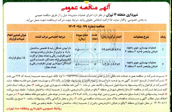 مناقصه عملیات بهسازی جوی باغچه خیابان ولیعصر 