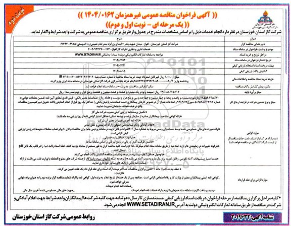 مناقصه خدمات اداری و دفتری ادارات گاز اهواز- نوبت دوم 