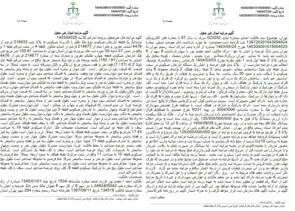 مزایده ششدانگ یک قطعه آپارتمان مسکونی نوع ملک طلق با کاربری مسکونی به پلاک ثبتی 219433 فرعی از 4476 اصلی