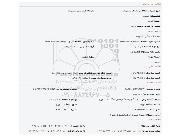 مزایده، اماکن کشاورزی