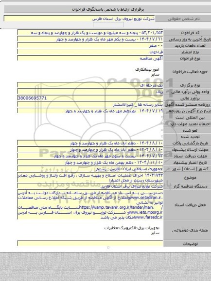 مناقصه, ۱۴۰۴۱۷۴۴ اجرای عملیات اصلاح و بهینه سازی ، رفع افت ولتاژ و روشنایی معابر شهرستان رستم از محل اعتبارا