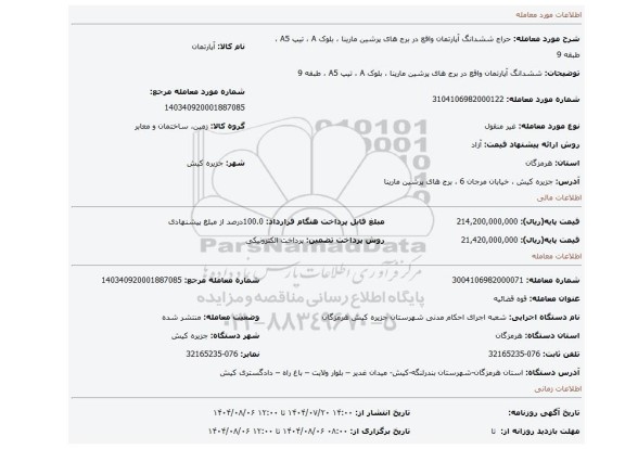 مزایده، ششدانگ آپارتمان واقع در برج های پرشین مارینا ، بلوک A ، تیپ A5 ، طبقه 9