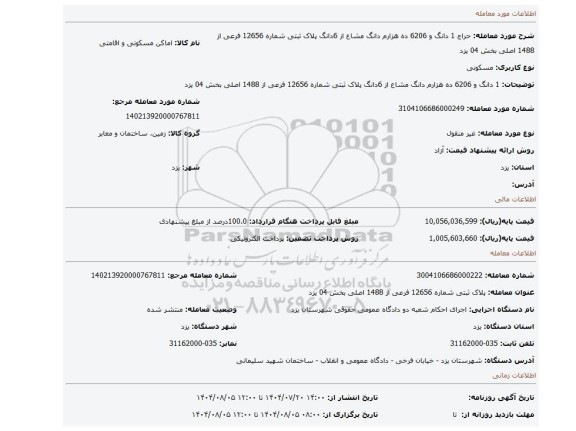 مزایده، 1 دانگ و 6206 ده هزارم دانگ مشاع از 6دانگ   پلاک ثبتی شماره 12656 فرعی از 1488 اصلی بخش 04 یزد