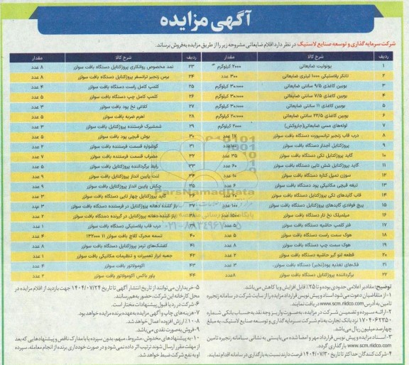 مزایده فروش اقلام ضایعاتی...
