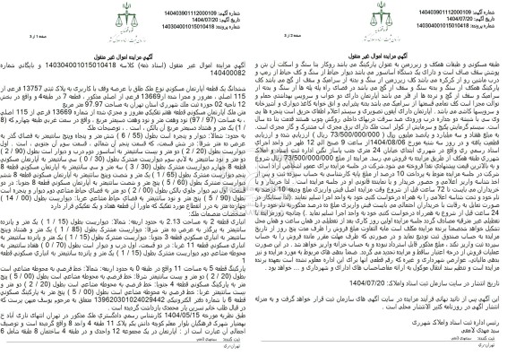 مزایده ششدانگ یک قطعه آپارتمان مسکونی نوع ملک طلق با عرصه وقف با کاربری به پلاک ثبتی 13757 فرعی از 115 اصلی