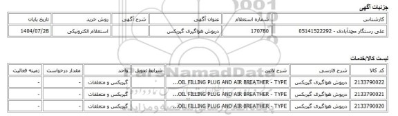 استعلام الکترونیکی، درپوش هواگیری گیربکس