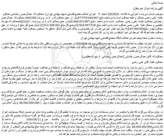 مزایده سرقفلی یک واحد تجاری