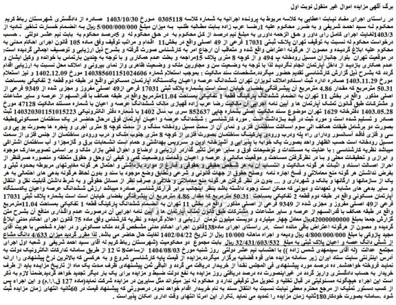 مزایده ششدانگ عرصه واعیان یکدستگاه آپارتمان مسکونی