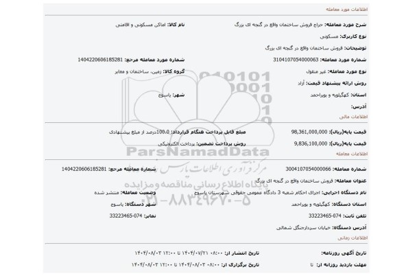 مزایده، فروش ساختمان واقع در گنجه ای بزرگ