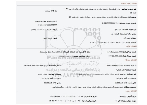 مزایده، ششدانگ آپارتمان واقع در برج های پرشین مارینا ، بلوک A ، تیپ A4 ، طبقه 15
