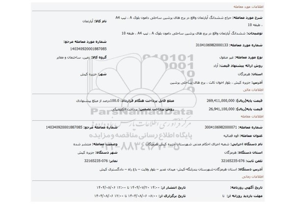 مزایده، ششدانگ آپارتمان واقع در برج های پرشین ساحلی دامون بلوک A ، تیپ A4 ، طبقه 10