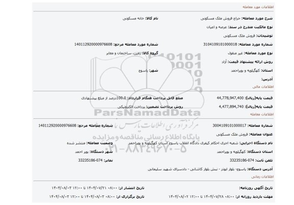 مزایده، فروش ملک مسکونی