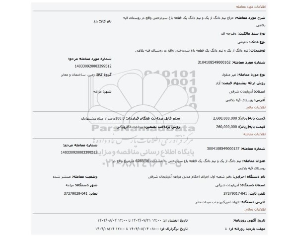 مزایده، نیم دانگ از یک و نیم دانگ یک قطعه باغ سردرختی واقع در روستای قیه بلاغی
