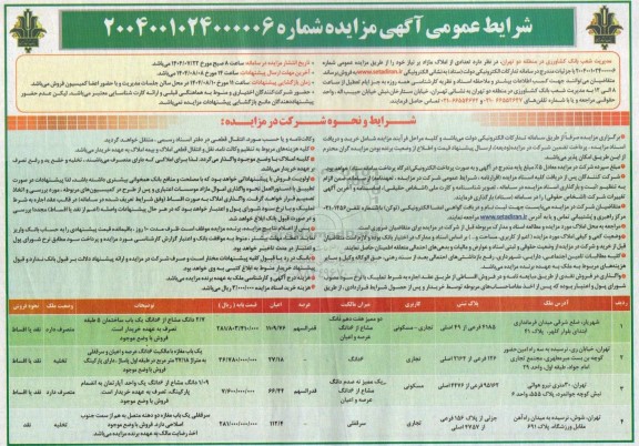 مزایده فروش چهار ملک با کاربری تجاری/مسکونی، تجاری، مسکونی