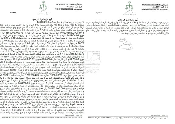 مزایده ششدانگ یک قطعه مغازه نوع ملک طلق پلاک ثبتی شماره 60 فرعی از 10210  اصلی