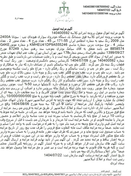 مزایده یک دستگاه خودرو سواری هیوندای تیپ: سوناتا 2400a 