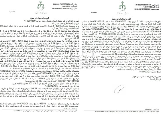 مزایده یک قطعه آپارتمان مسکونی به پلاک ثبتی 18008 فرعی از 5 اصلی 