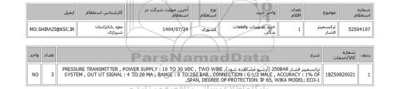 استعلام ترانسمیتر فشار