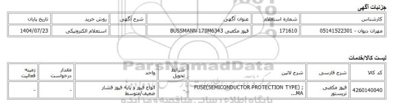استعلام الکترونیکی، فیوز مکعبی BUSSMANN 170M6343
