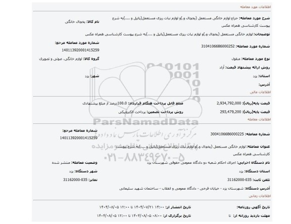 مزایده،  لوازم خانگی مستعمل (یخچال و.)و لوازم نبات ریزی مستعمل(پاتیل و ....)به شرح پیوست کارشناسی همراه عکس