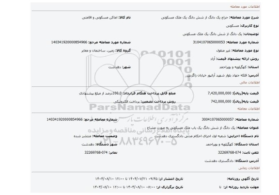 مزایده، یک دانگ از شش دانگ یک ملک مسکونی