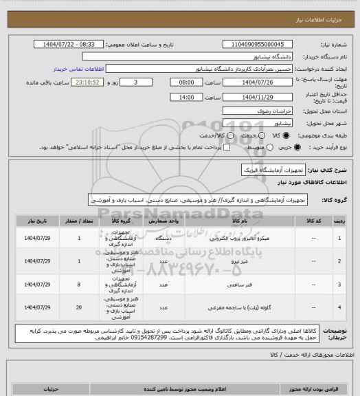 استعلام تجهیزات آزمایشگاه فیزیک