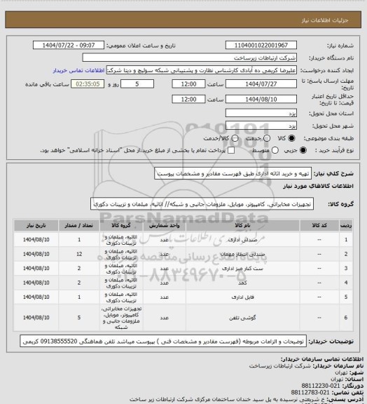 استعلام تهیه و خرید اثاثه اداری طبق فهرست مقادیر و مشخصات پیوست
