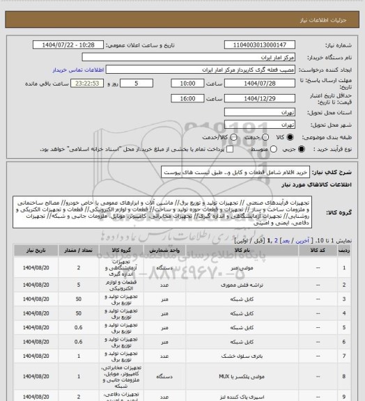 استعلام خرید اقلام شامل قطعات و کابل و.. طبق لیست های پیوست