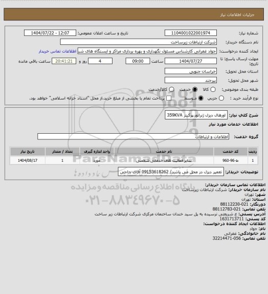 استعلام اورهال دیزل ژنراتور پرکینز 359KVA