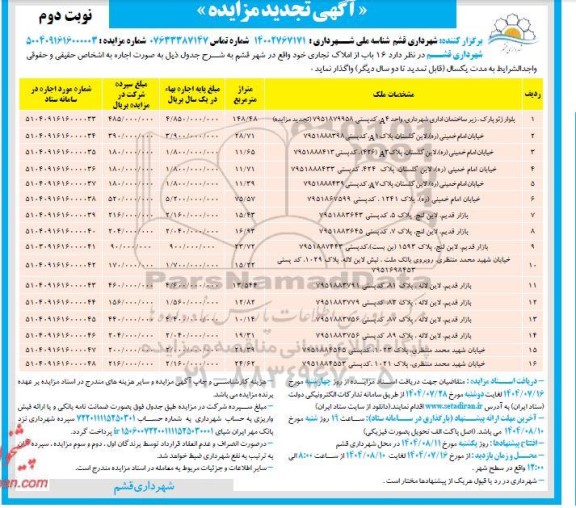 مزایده اجاره 16 باب املاک تجاری تجدید نوبت دوم 