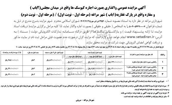 مزایده عمومی واگذاری بصورت اجاره کیوسک ها واقع در میدان مجلس (2 باب ) و مغازه واقع ...