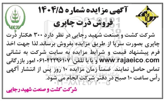 مزایده فروش ذرت چاپری 