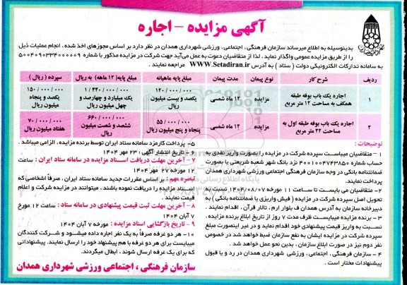 مزایده اجاره یک باب بوفه طبقه همکف به مساحت 12 مترمربع