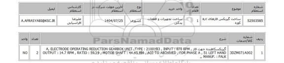 استعلام ساخت گیربکس فازهای a,c  کوره
