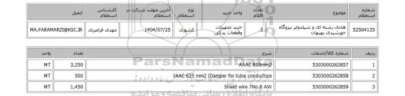 استعلام هادی رشته ای و شیلدوایر نیروگاه خورشیدی بهبهان