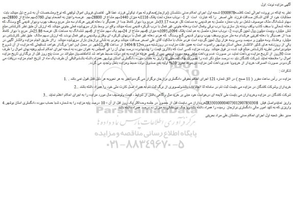 مزایده 1- دوباب مغازه تحت پلاک 1116به میزان 1440سهم مشاع از 28800سهم  عرصه واعیان