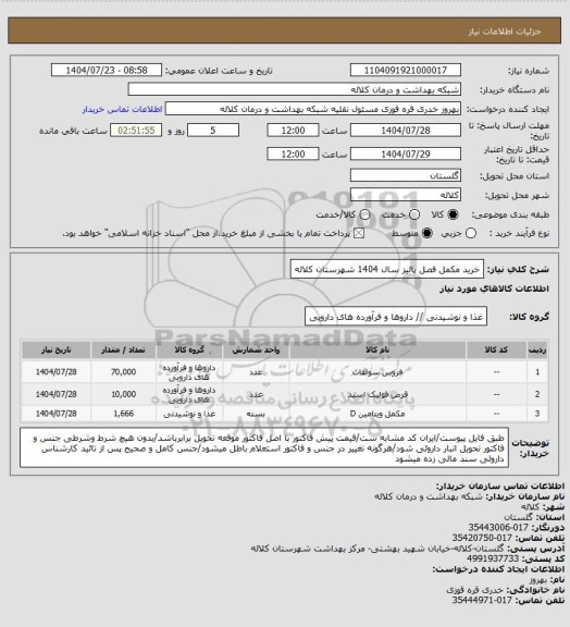 استعلام خرید مکمل فصل پائیز سال 1404 شهرستان کلاله