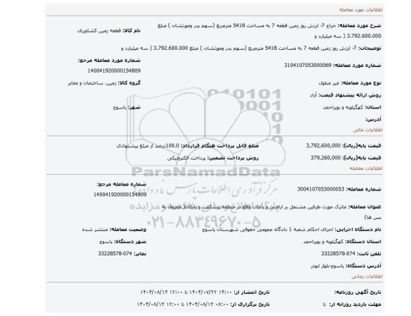 مزایده، 7- ارزش روز زمین قطعه 7 به مساحت 5418 مترمربع (سهم پدر ومورثشان ) مبلغ 3.792.600.000 ( سه میلیارد و