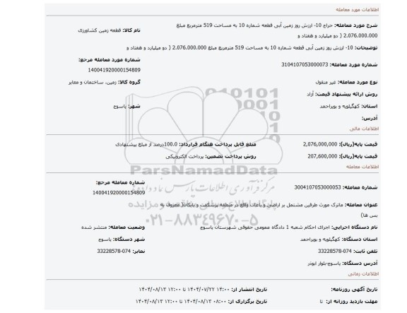 مزایده،  10- ارزش روز زمین آبی قطعه شماره 10 به مساحت 519 مترمربع مبلغ 2.076.000.000  ( دو میلیارد و هفتاد و