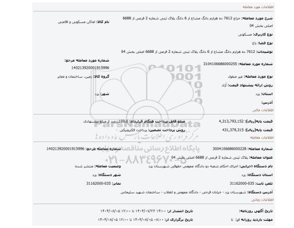 مزایده، 7612 ده هزارم دانگ مشاع از 6 دانگ  پلاک ثبتی شماره 2 فرعی از 6688 اصلی بخش 04