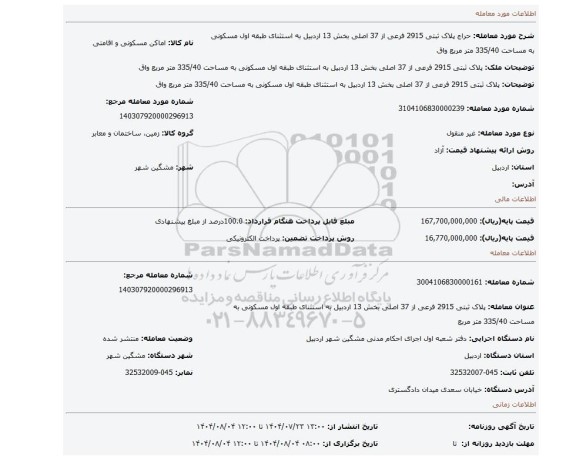 مزایده، پلاک ثبتی 2915 فرعی از 37 اصلی بخش 13 اردبیل به استثنای طبقه اول مسکونی به مساحت 335/40 متر مربع واق