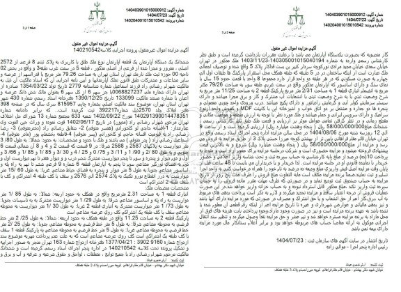 مزایده ششدانگ یک دستگاه آپارتمان یک قطعه آپارتمان نوع ملک طلق با کاربری به پلاک ثبتی 8 فرعی از 2572 اصلی